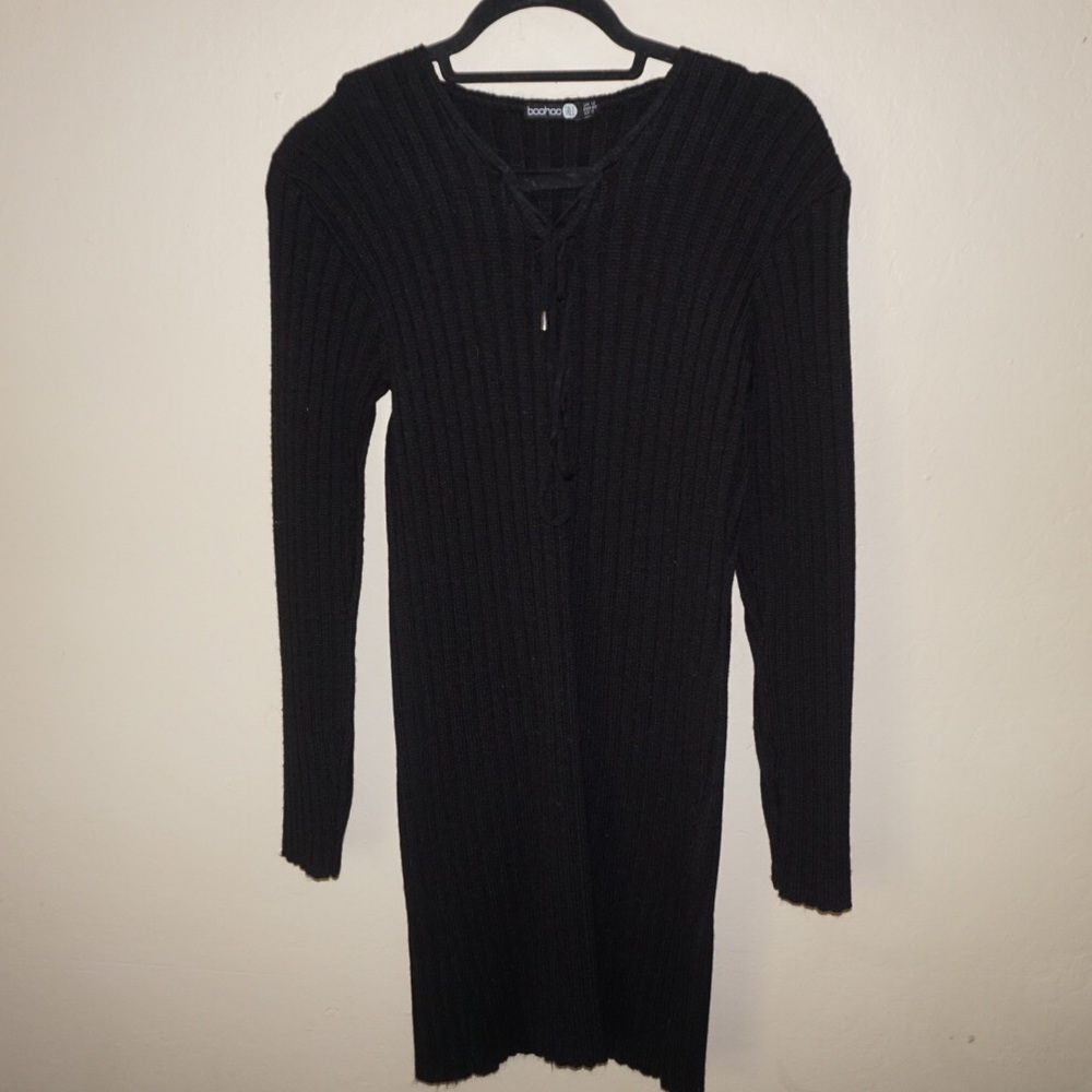 Boohoo Tall Black Ribbed Sweater Dress